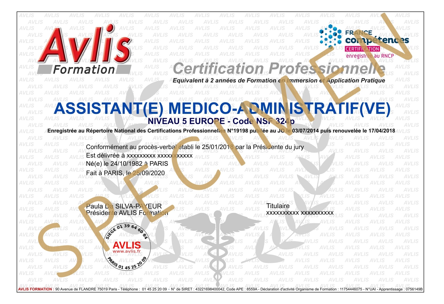 Spécimen diplôme Assistante Médico-Administrative